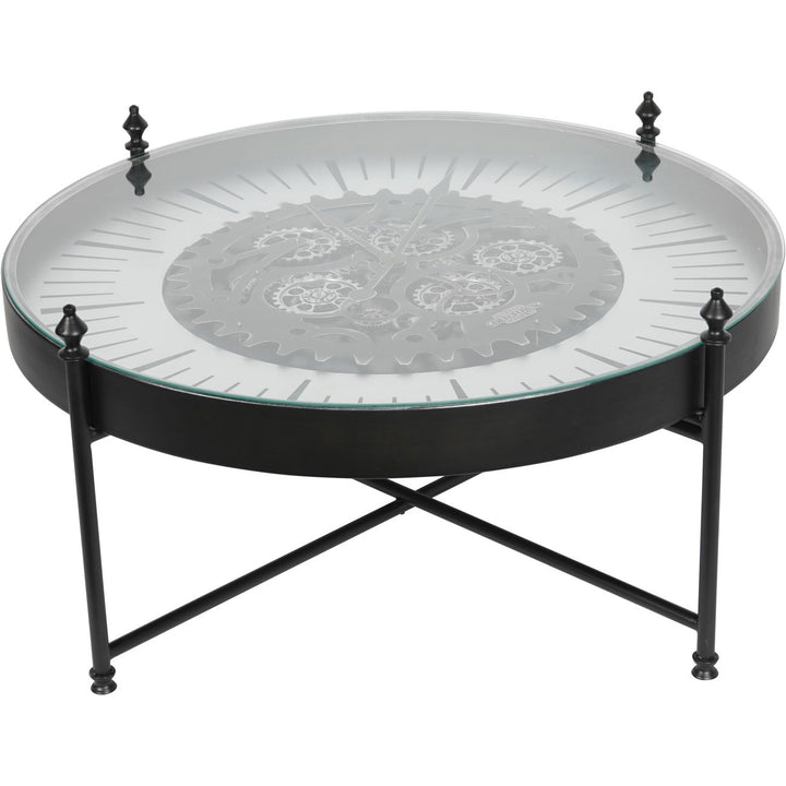 Round glass-top table with black metal frame on a white background