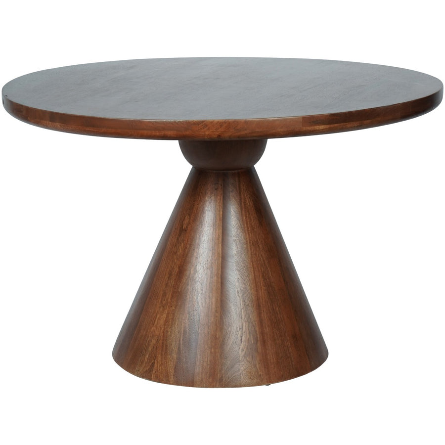 Round dark wood dining table with cone-shaped pedestal in a dining room setting