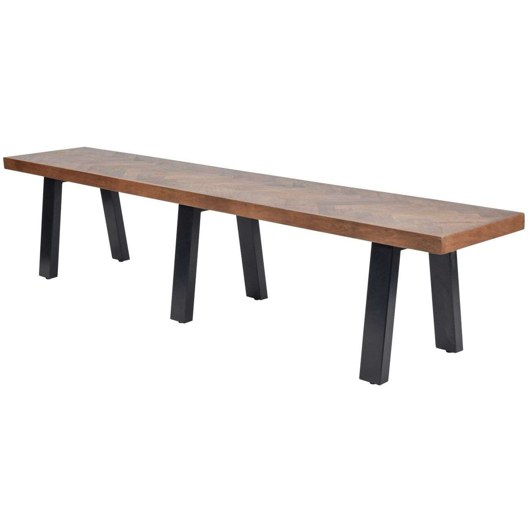 Long wooden table with black metal legs on a white background