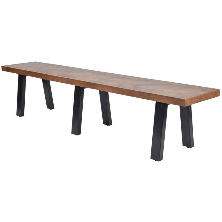 Long wooden table with black metal legs on a white background