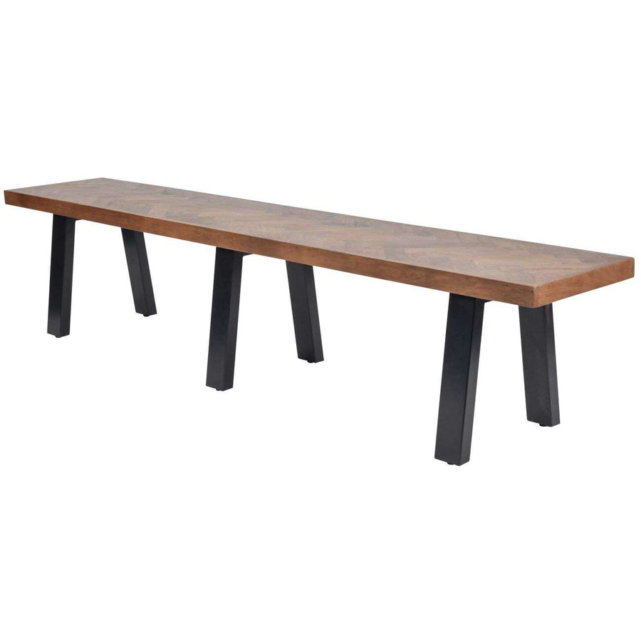 Long wooden table with black metal legs on a white background