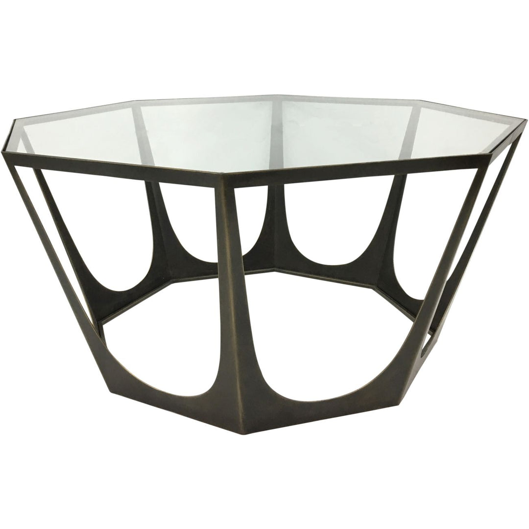 Hexagonal glass table with black metal frame on a white background