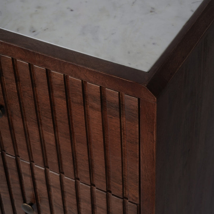 Libra Carmel Dark Wood 6 Ridged Drawer Chest with White Marble Top