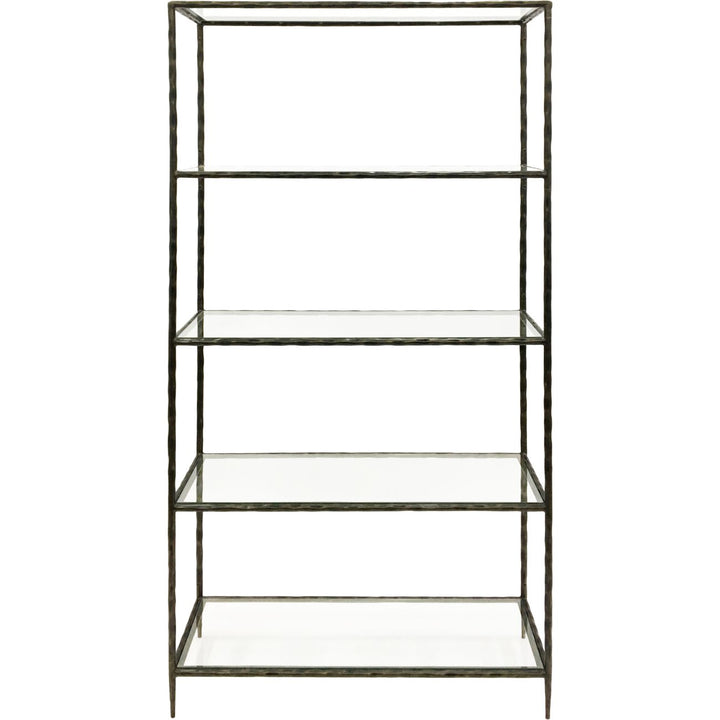 Black metal bookshelf with four shelves on a white background