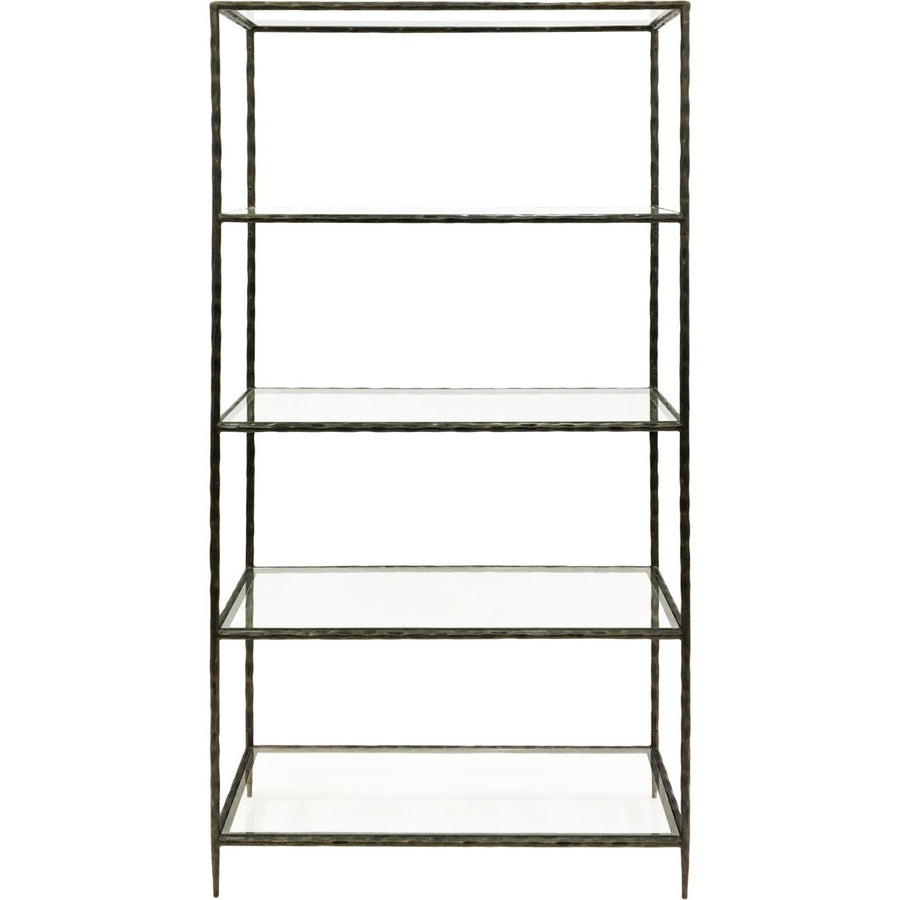 Black metal bookshelf with four shelves on a white background