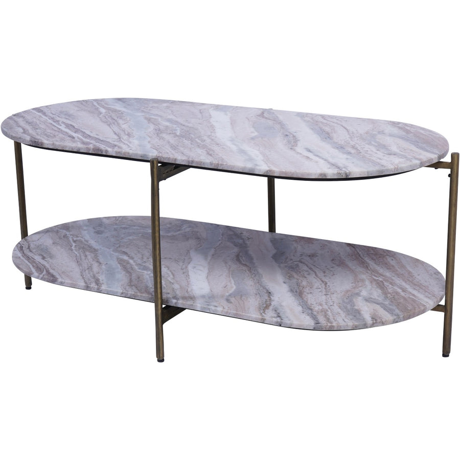 Marble-patterned coffee table with bronze legs on a white background