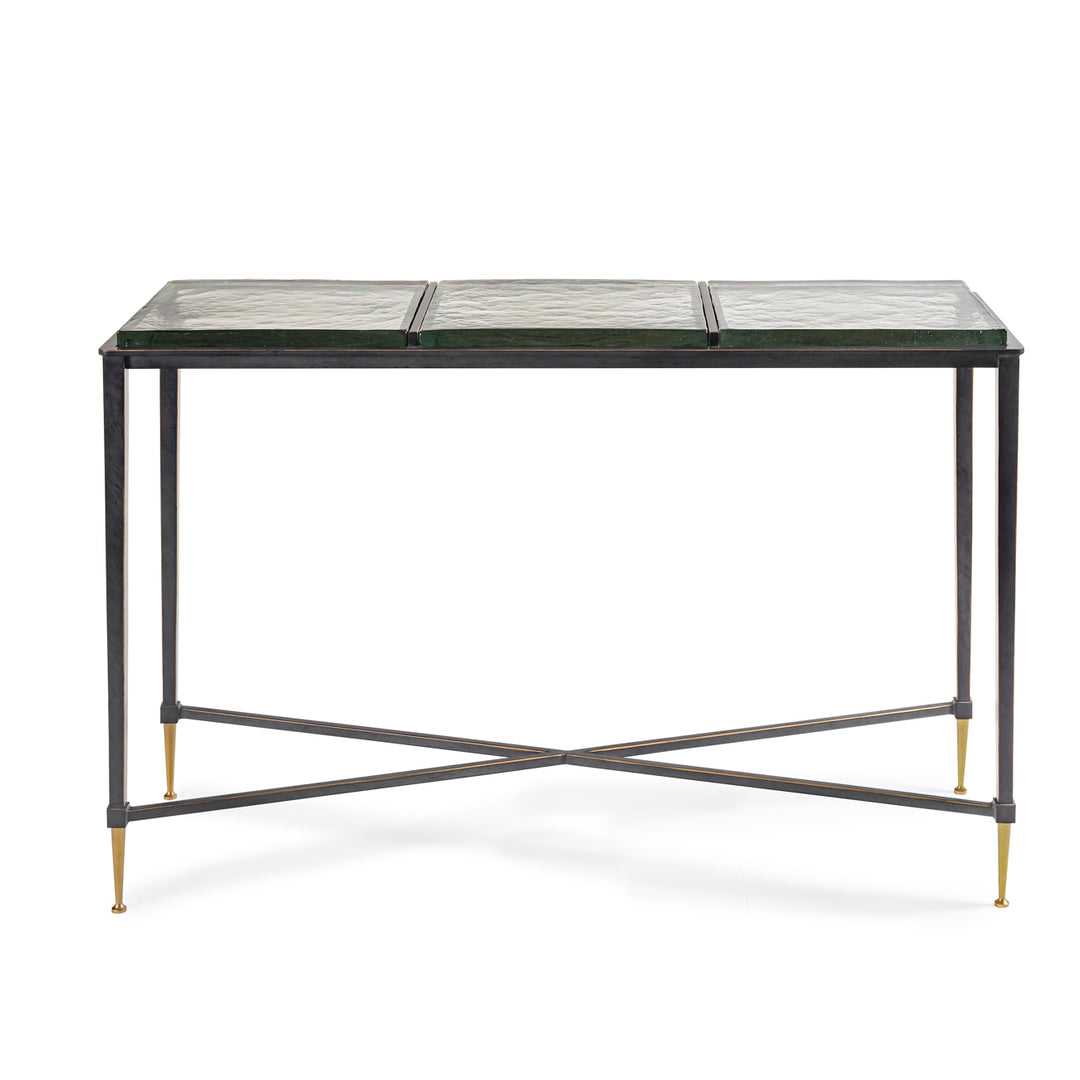 Console table with glass top and metal frame on a white background