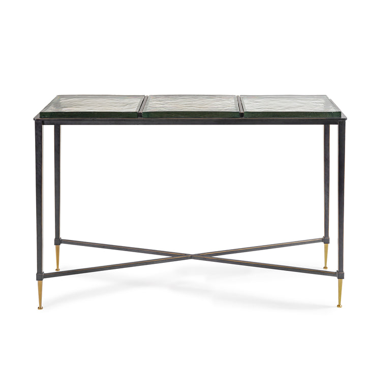 Console table with glass top and metal frame on a white background