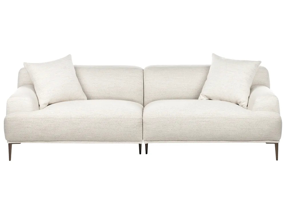 Beige sofa with two cushions on a white background