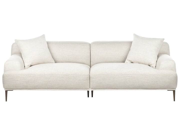 Beige sofa with two cushions on a white background