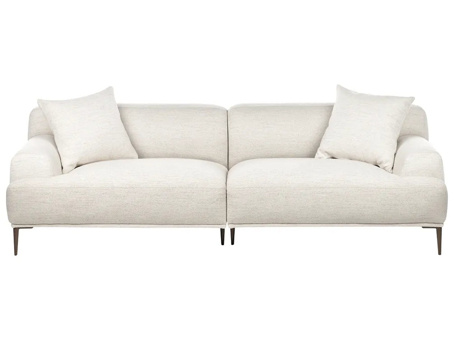Beige sofa with two cushions on a white background