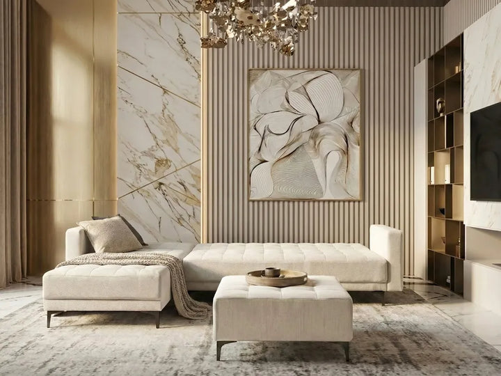 Modular Corner Sofa Bed 4 Seater Fabric Off-White with Ottoman Right Hand Denby