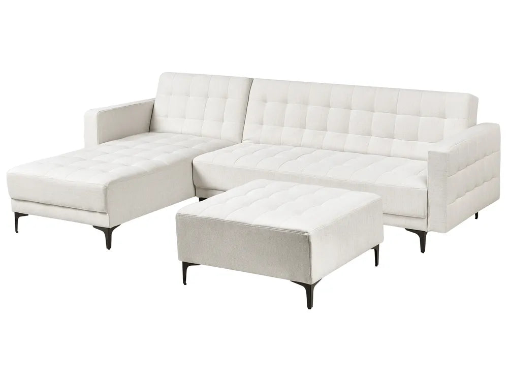 Modular Corner Sofa Bed 4 Seater Fabric Off-White with Ottoman Right Hand Denby