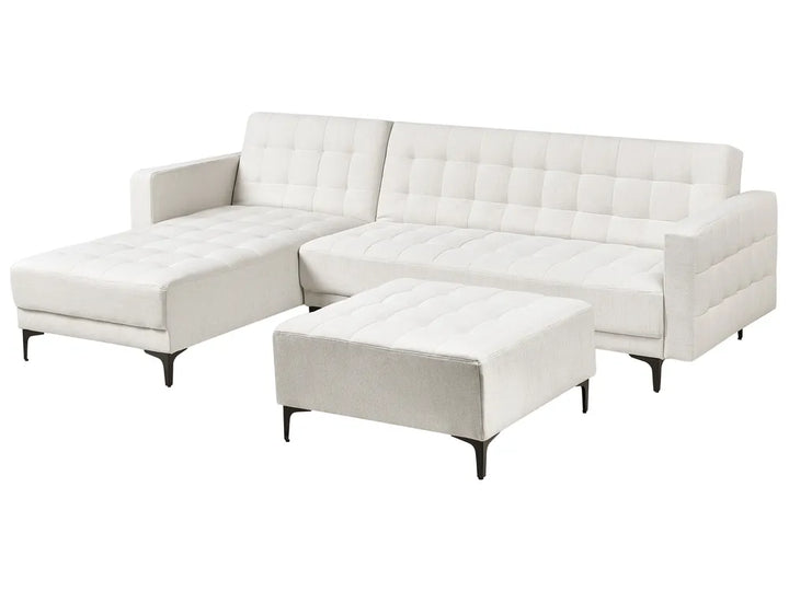 Modular Corner Sofa Bed 4 Seater Fabric Off-White with Ottoman Right Hand Denby