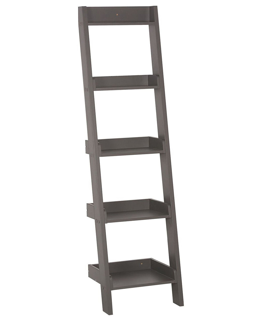 Gray leaning bookshelf with four shelves on a white background