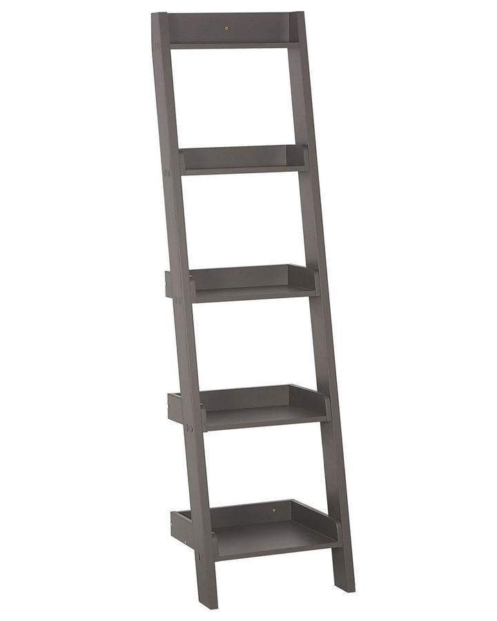 Gray leaning bookshelf with four shelves on a white background