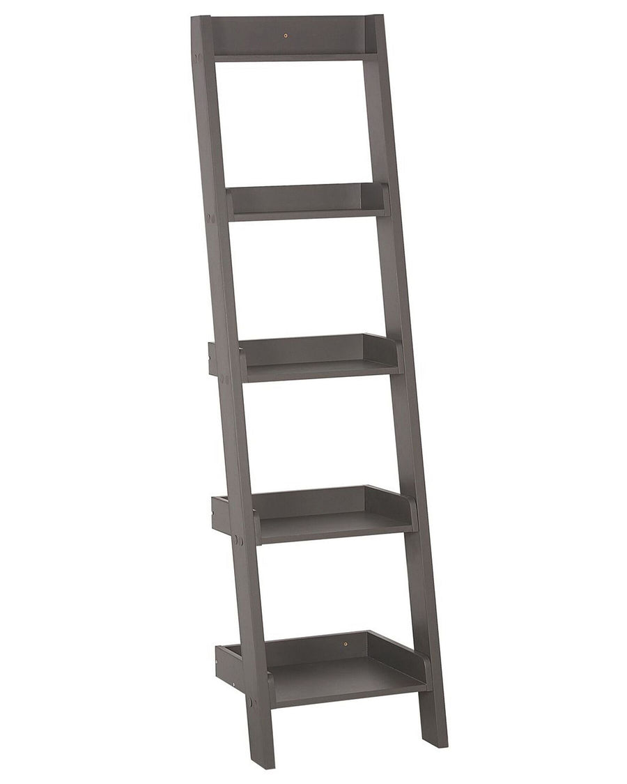 Gray leaning bookshelf with four shelves on a white background