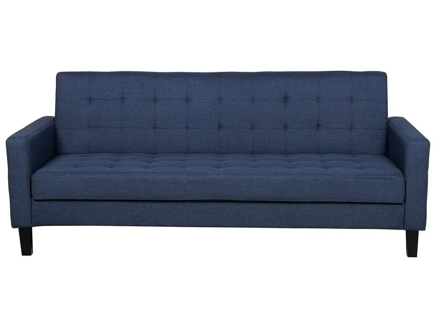 Blue sofa with tufted backrest on a white background