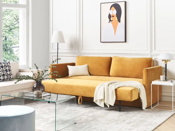 Sofa Bed 3 Seater Velvet Mustard with Storage Charleah