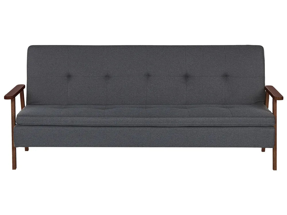 Gray sofa bed with wooden armrests on a white background
