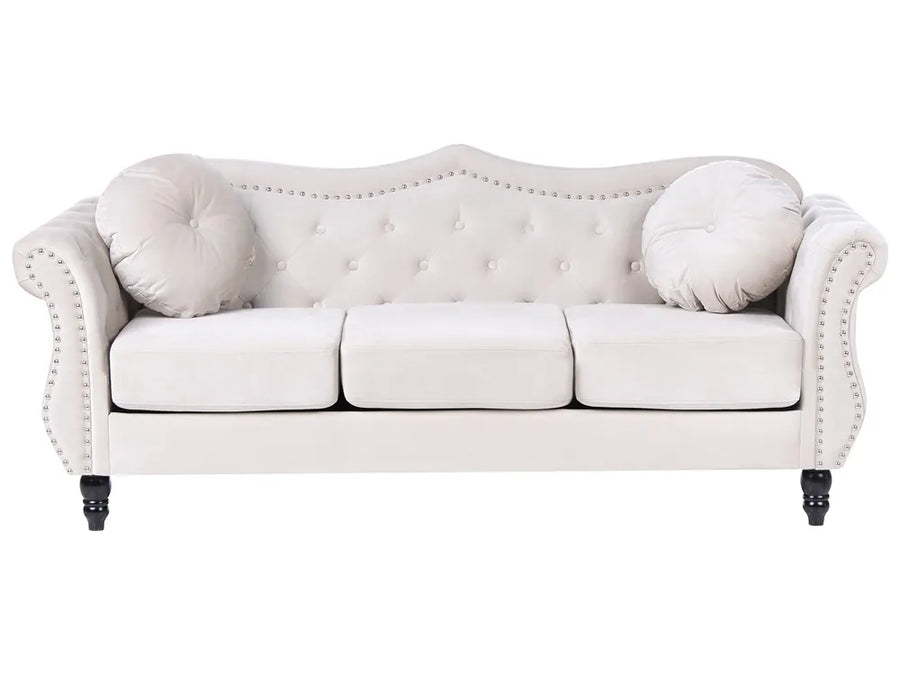 Light beige velvet 3-seater sofa with tufted backrest