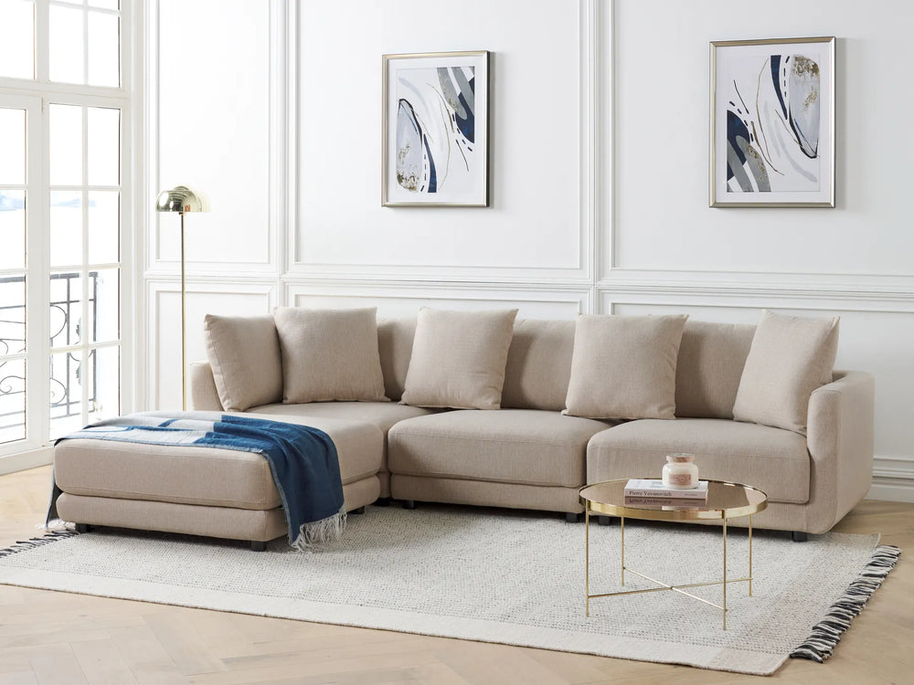 Modern beige sofa with durable fabric and ottoman