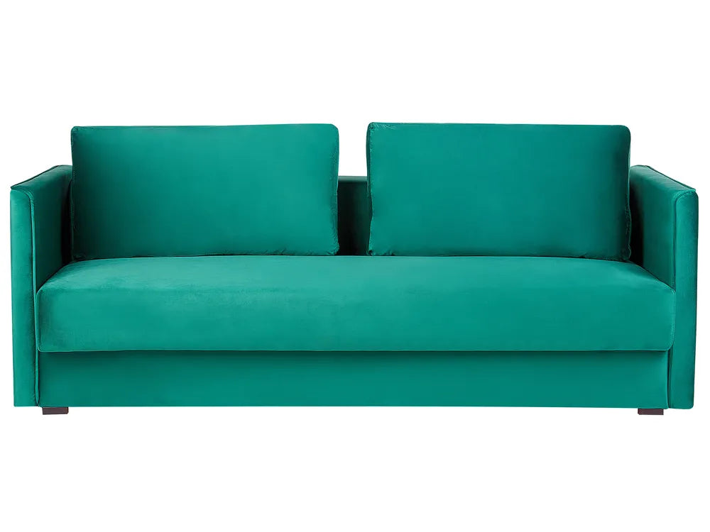 Emerald green velvet 3-seater sofa bed with storage
