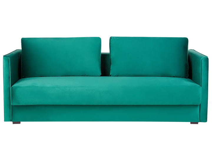 Emerald green velvet 3-seater sofa bed with storage