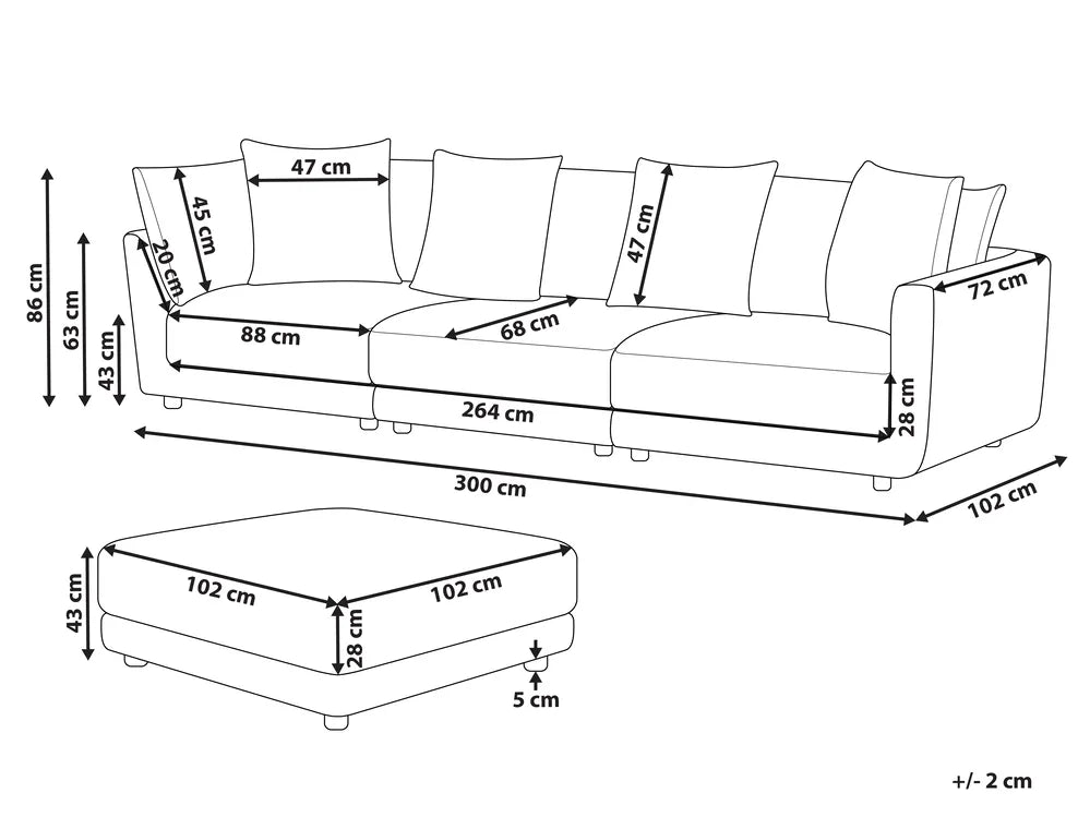 Sofa 3 Seater Fabric Beige with Ottoman Macalla