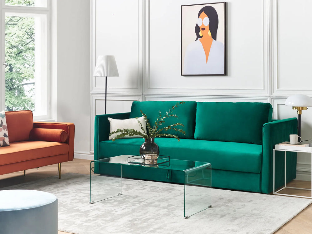 Green velvet sofa bed with hidden storage compartment