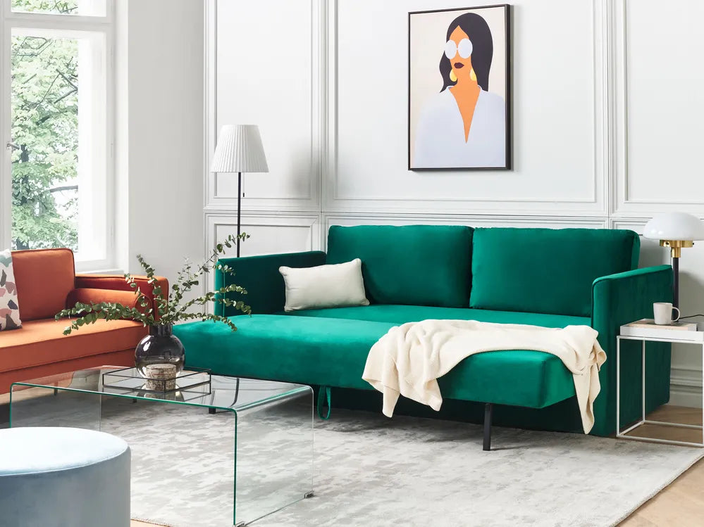 Sofa Bed 3 Seater Velvet Emerald Green with Storage Charleah