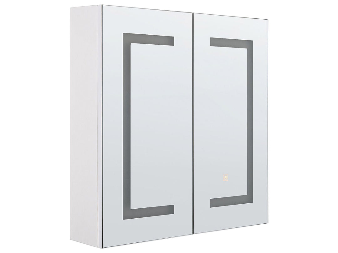White wall-mounted cabinet with glass doors on a white background