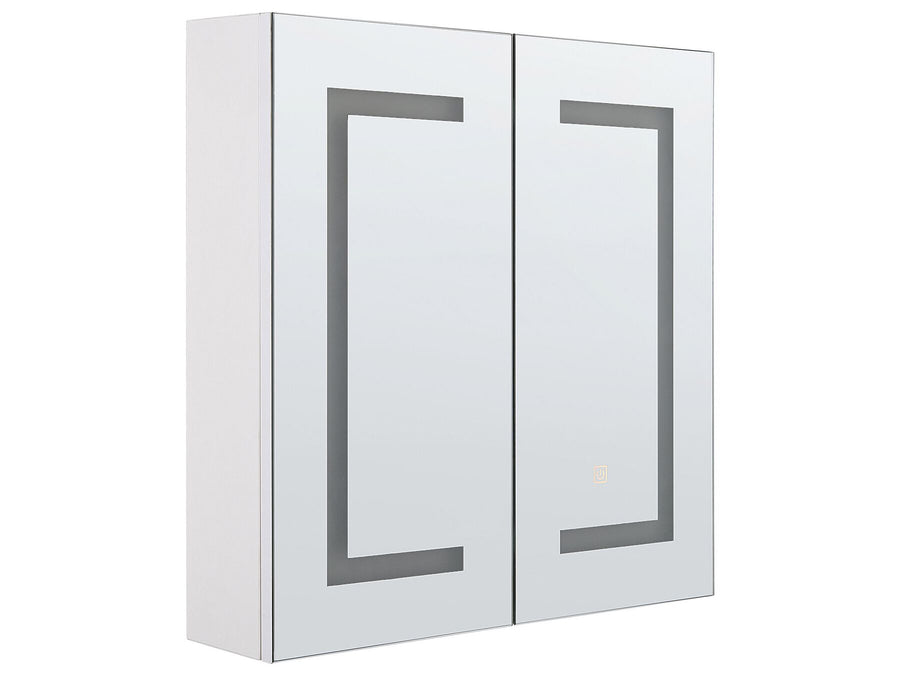 White wall-mounted cabinet with glass doors on a white background