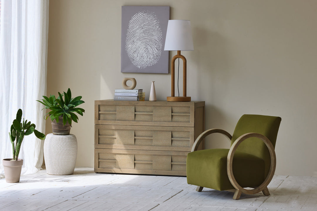 Modern 3 drawer oak chest with ribbon detail
