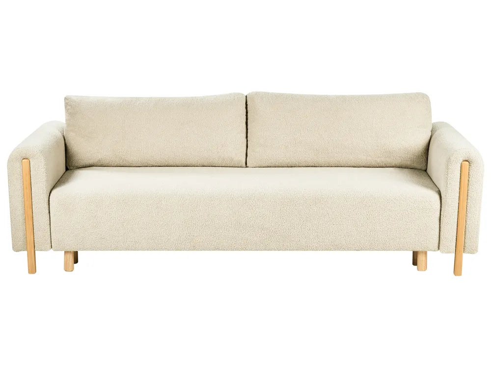Beige sofa with wooden armrests on a white background