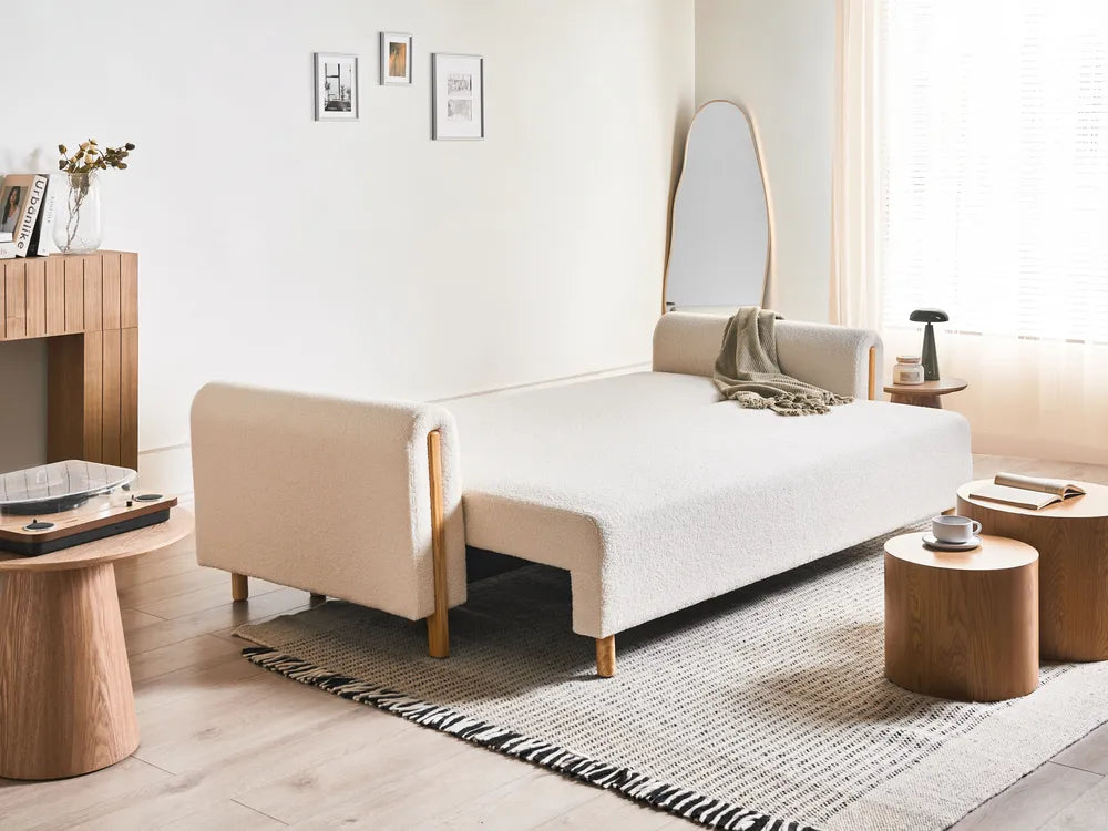 Sofa Bed 3 Seater Boucle Off-White with Storage Ellie