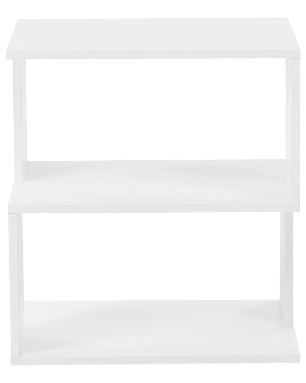 A white two-tier wooden shelf with a minimalist open-back design, shown against a solid white background.