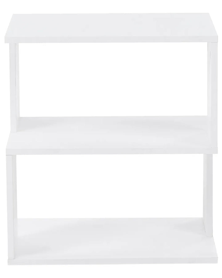 A white two-tier wooden shelf with a minimalist open-back design, shown against a solid white background.