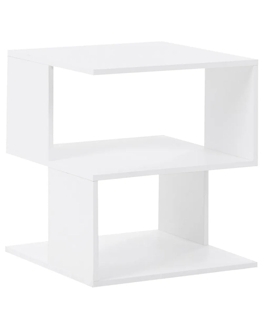 White corner shelf unit on a white background