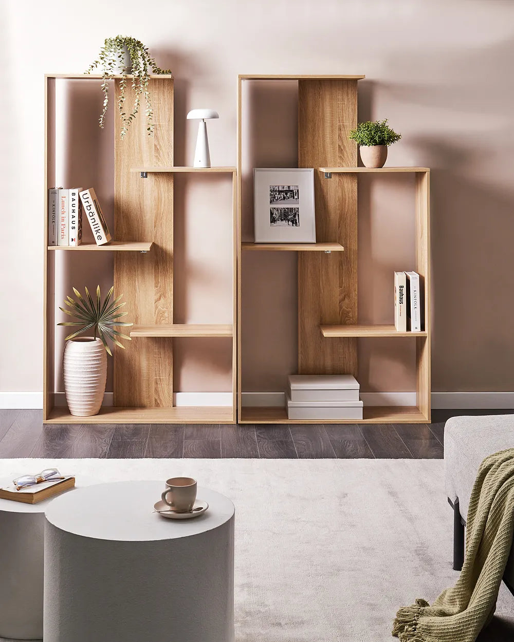 Three-tier light brown shelving unit