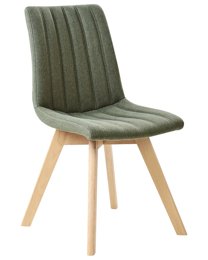 Green upholstered chair with wooden legs on a white background