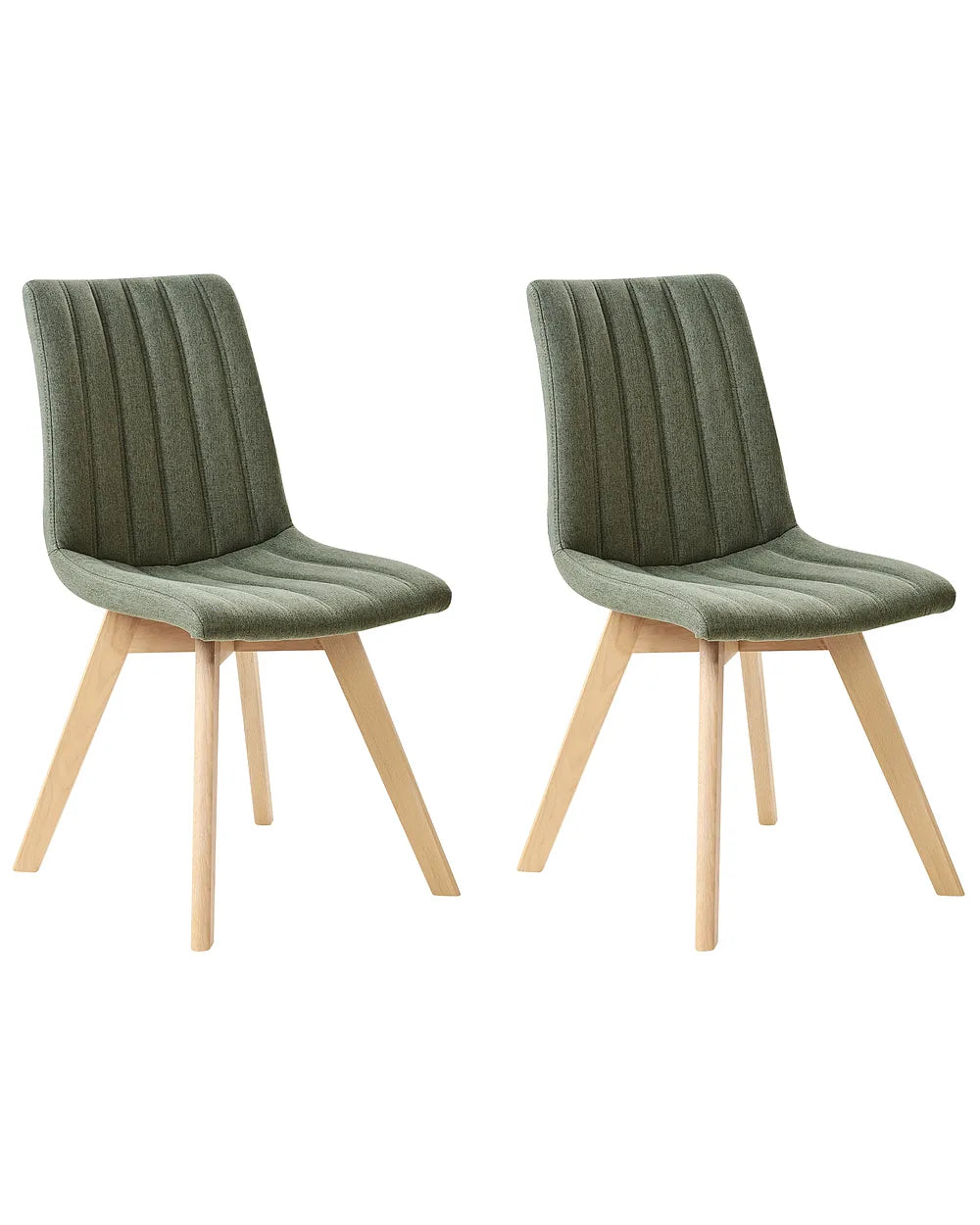 Two green chairs with wooden legs on a white background
