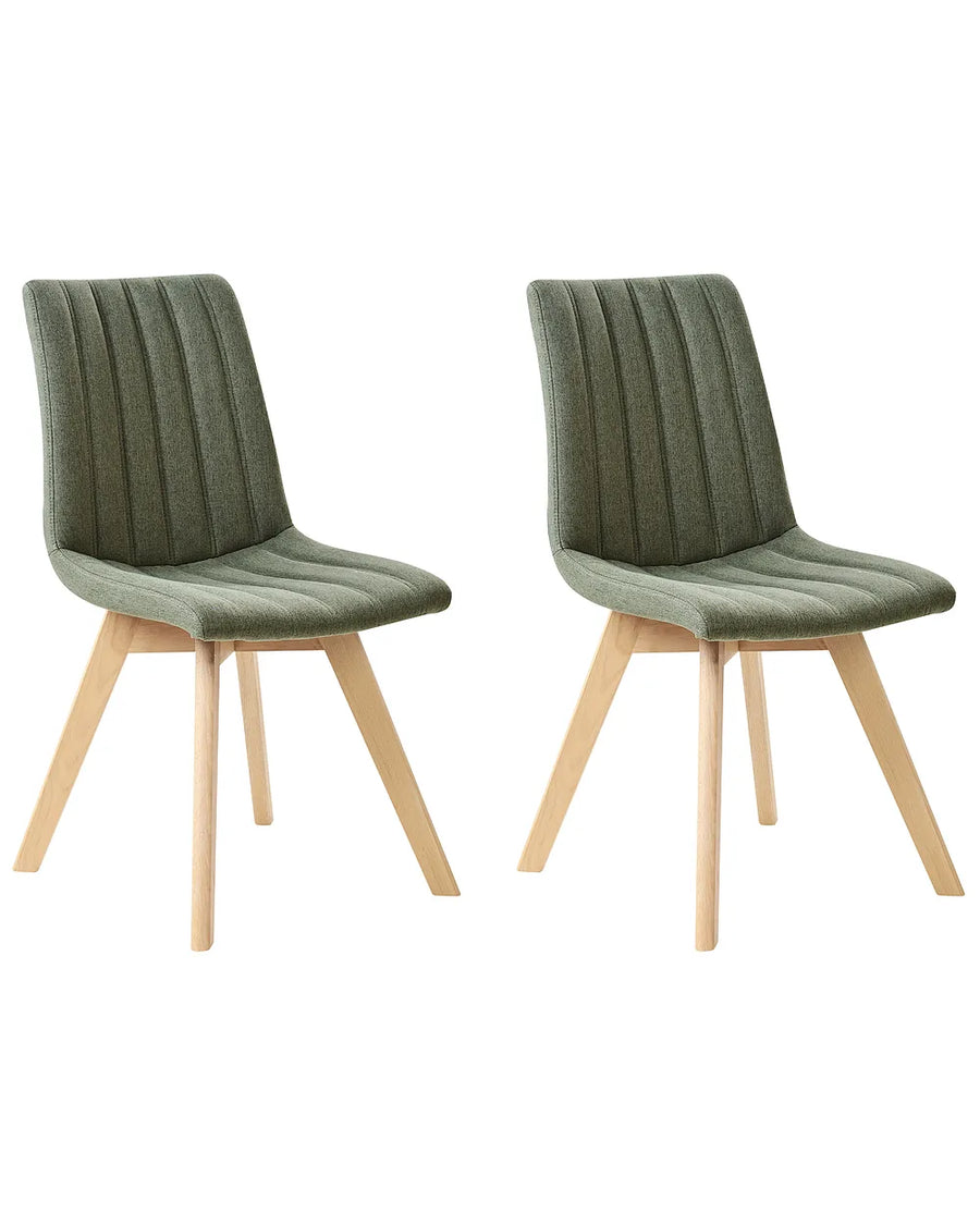 Two green chairs with wooden legs on a white background