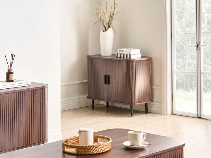 Dark brown storage cabinet with two doors