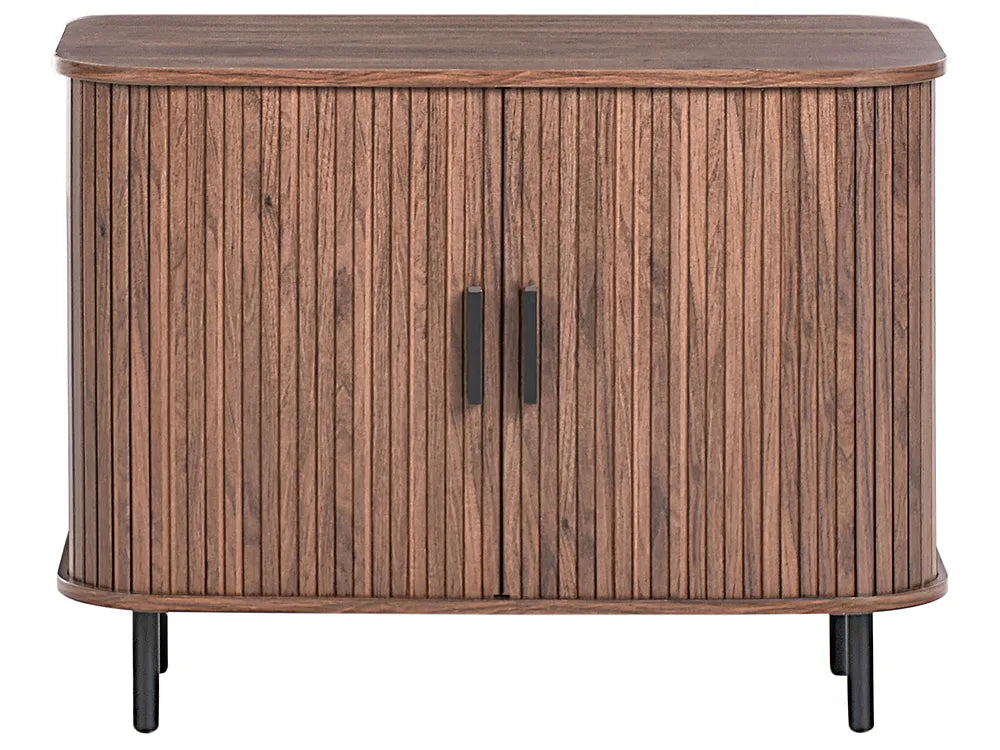 A mid-century modern wooden sideboard cabinet with vertical fluted doors, rounded corners, and black metal legs and handles, shown against a plain white background.