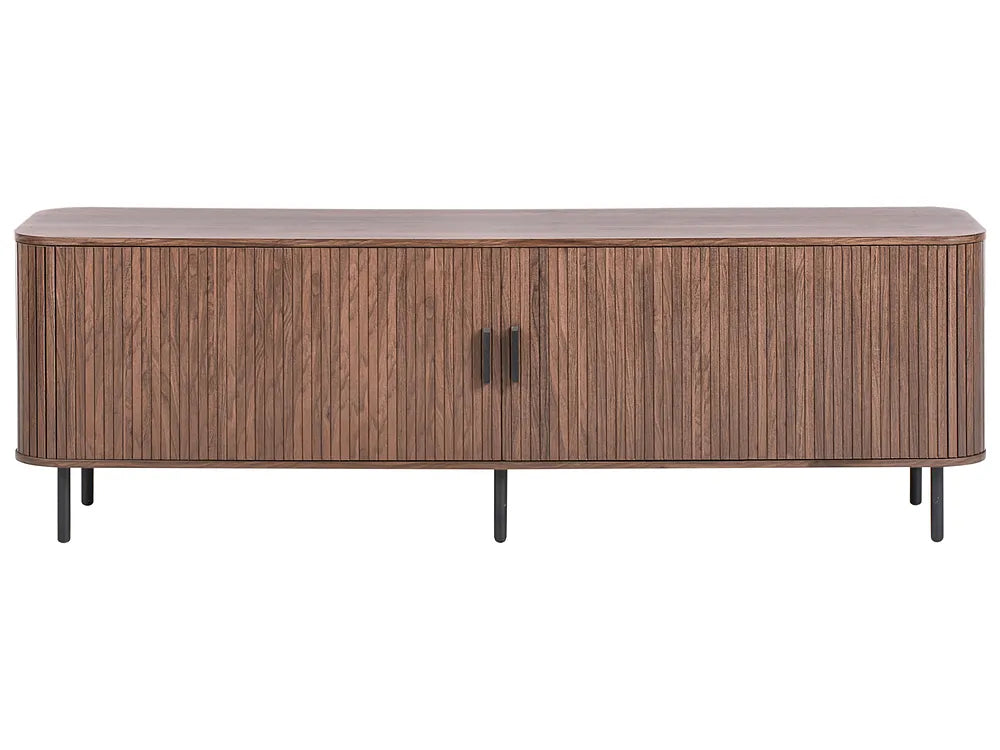 A modern wooden sideboard or media console with a fluted vertical wood grain pattern, two doors with slim black handles, and four tapered black legs, shown against a plain white background.