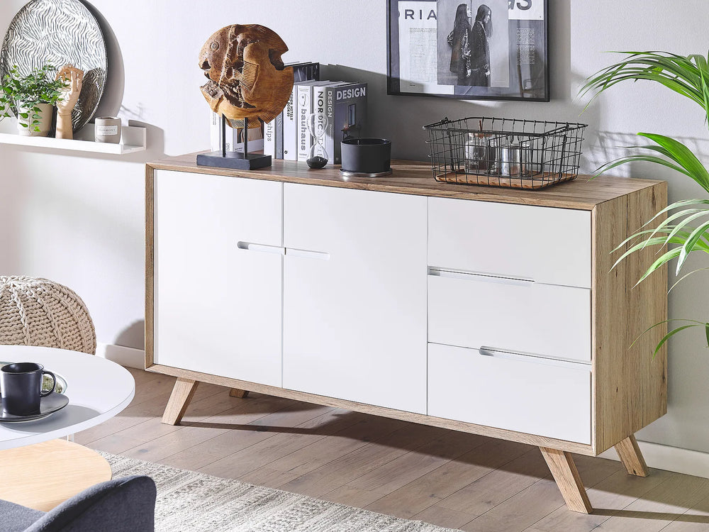 Modern sideboard with white drawers and wooden finish