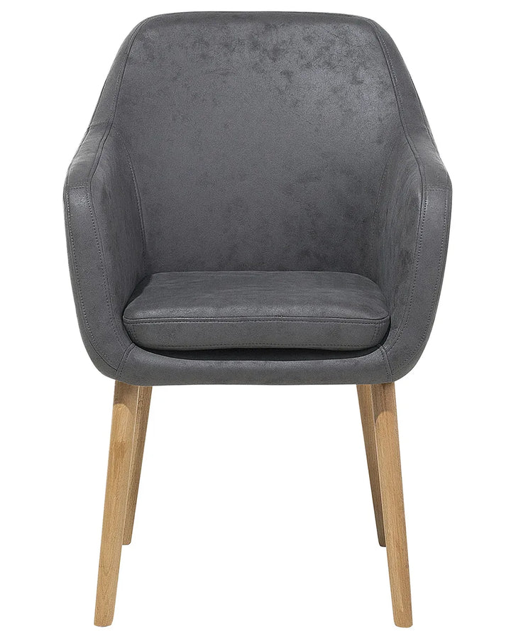 A modern gray upholstered dining chair with a textured fabric finish and tapered light wood legs, shown against a plain white background.