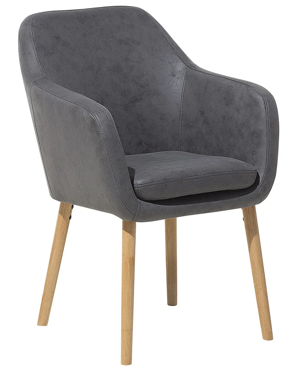 Gray upholstered chair with wooden legs on a white background