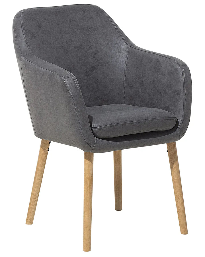 Gray upholstered chair with wooden legs on a white background